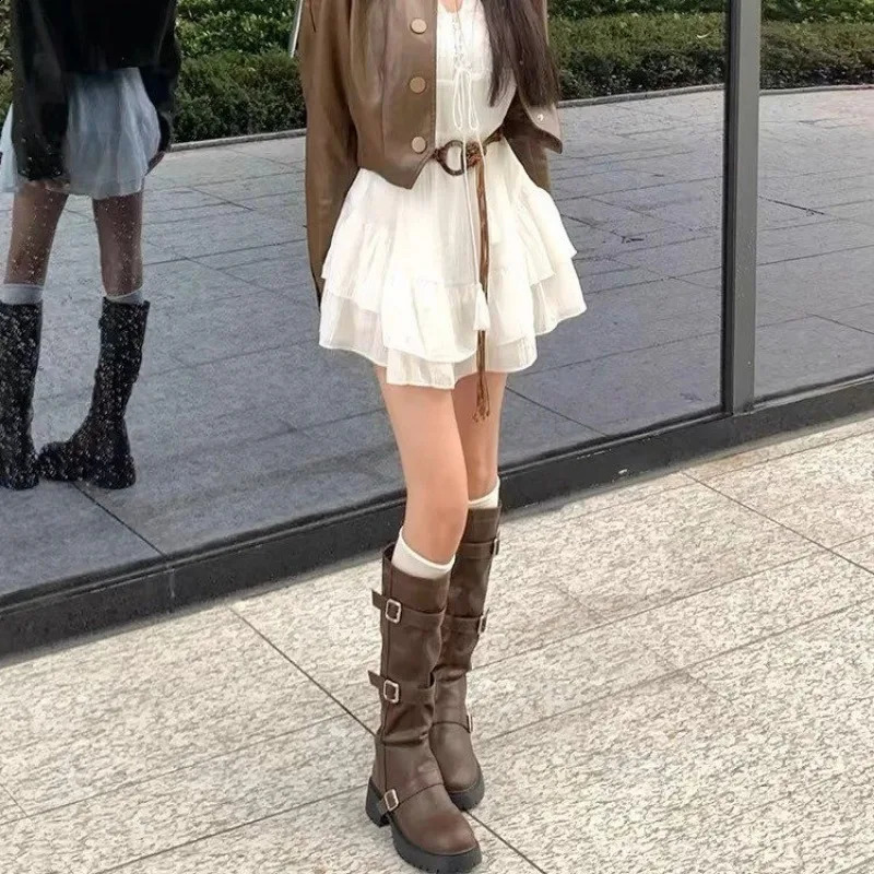 High Quality Womens Shoes Belt Buckle Womens Boots Fashion Solid Modern Boots Women Round Toe Knee-High Boots 240826