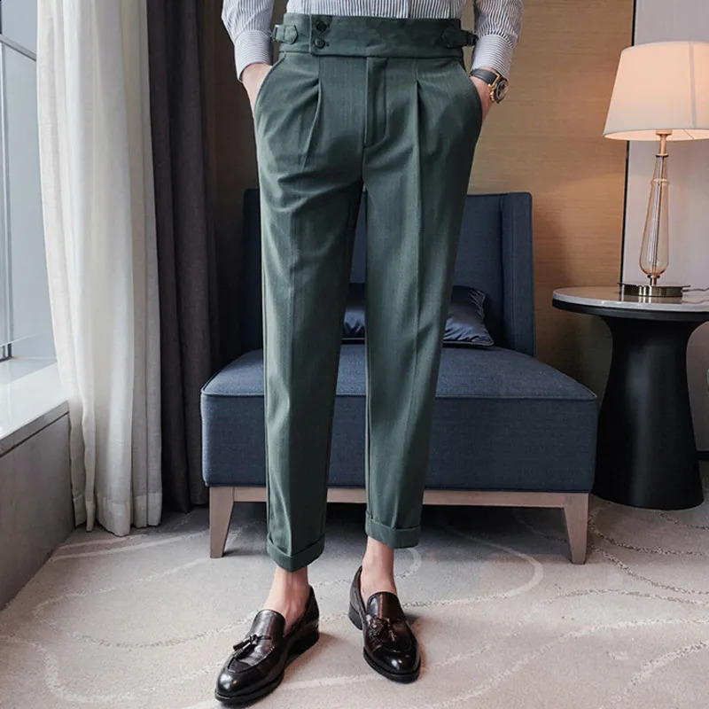 Dating office mens Naples Lamian Noodles high waist straight leg pants striped curly hem casual suit pants spring/summer 240828