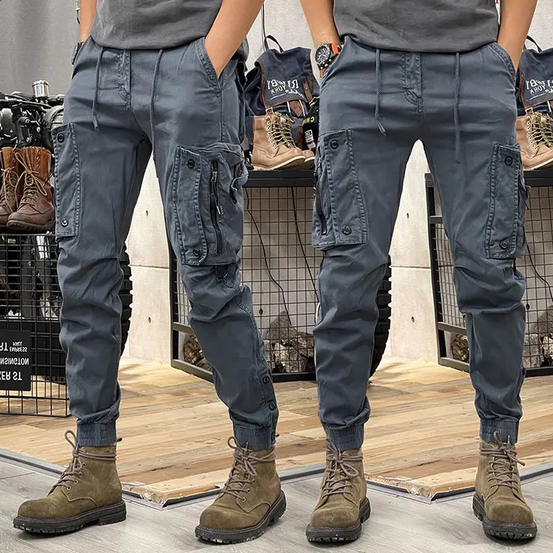 Military tactical cotton cargo pants mens elastic casual Trouser zipper multi pocket runner fashionable khaki black military green 240827