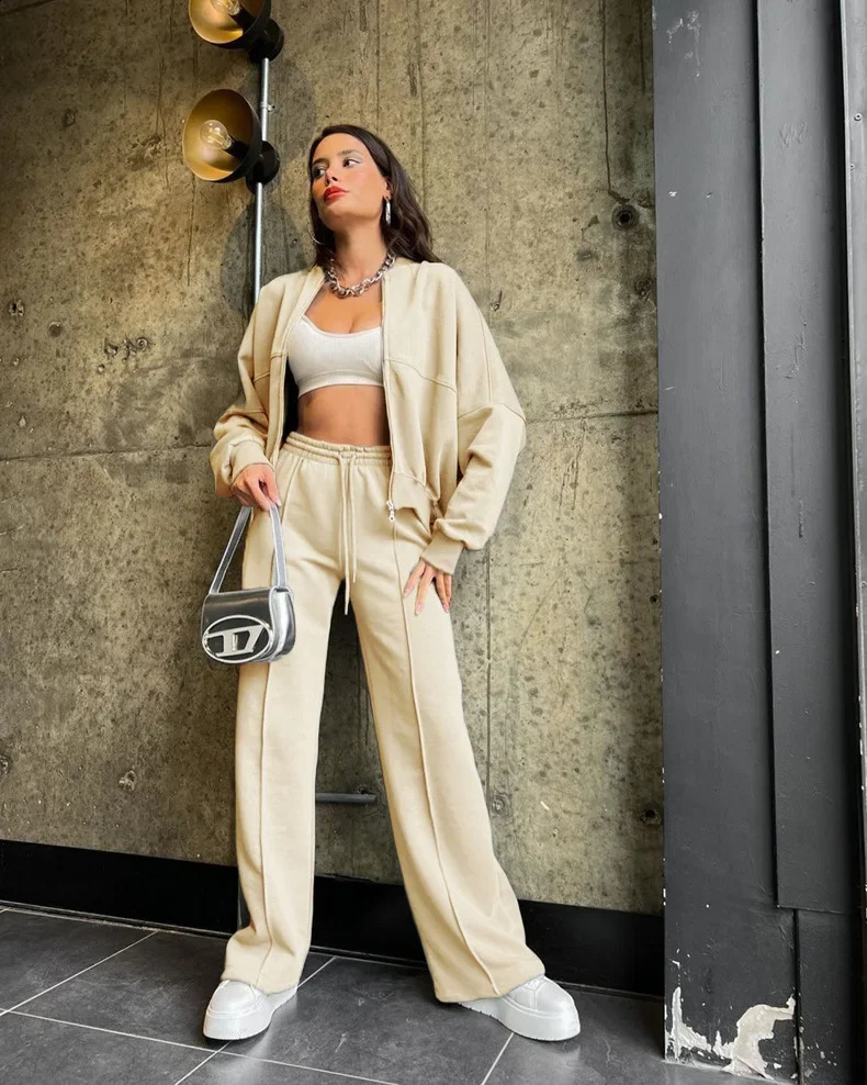 Autumn Hoodie Pants Two Piece Set Womens Fashion Zipper Pocket Casual Jacket Coat Winter Loose Elastic Trouser 240827