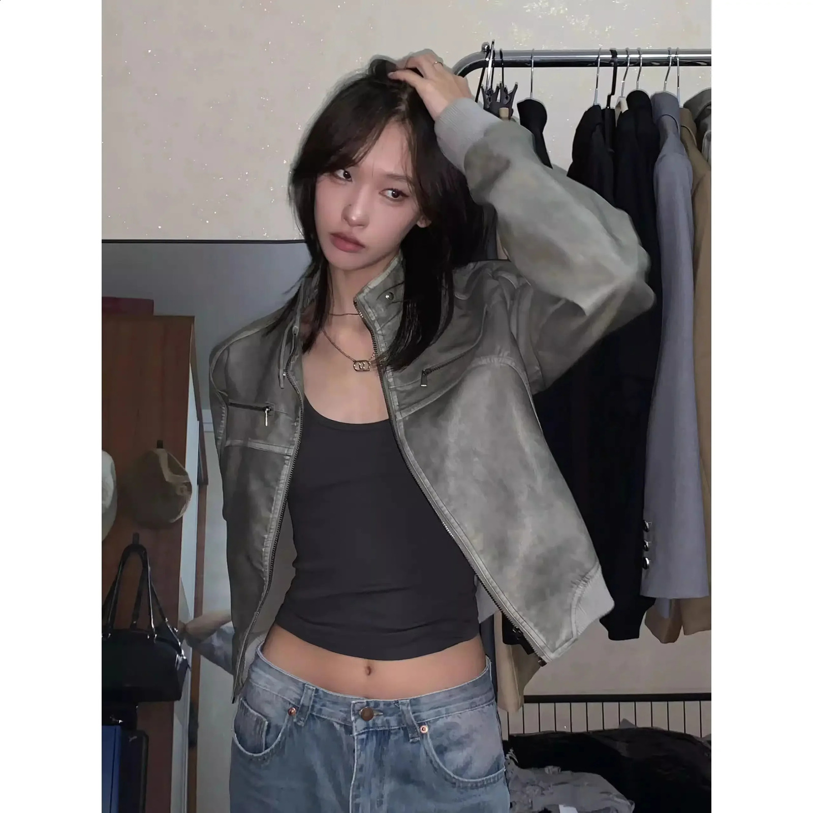 Retro Short Leather Jacket Autumn n Vertical Collar Zipper Gothic Vertical Collar Bomber Jacket 240827