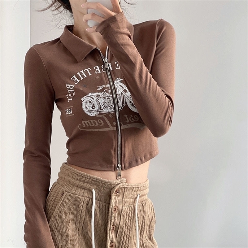 Zip Up Cutting T-shirt Womens Retro Y2k Graphic Polo Top Ultra Thin Bandage Shirt Long Sleeve T-shirt Brown Almond 240827