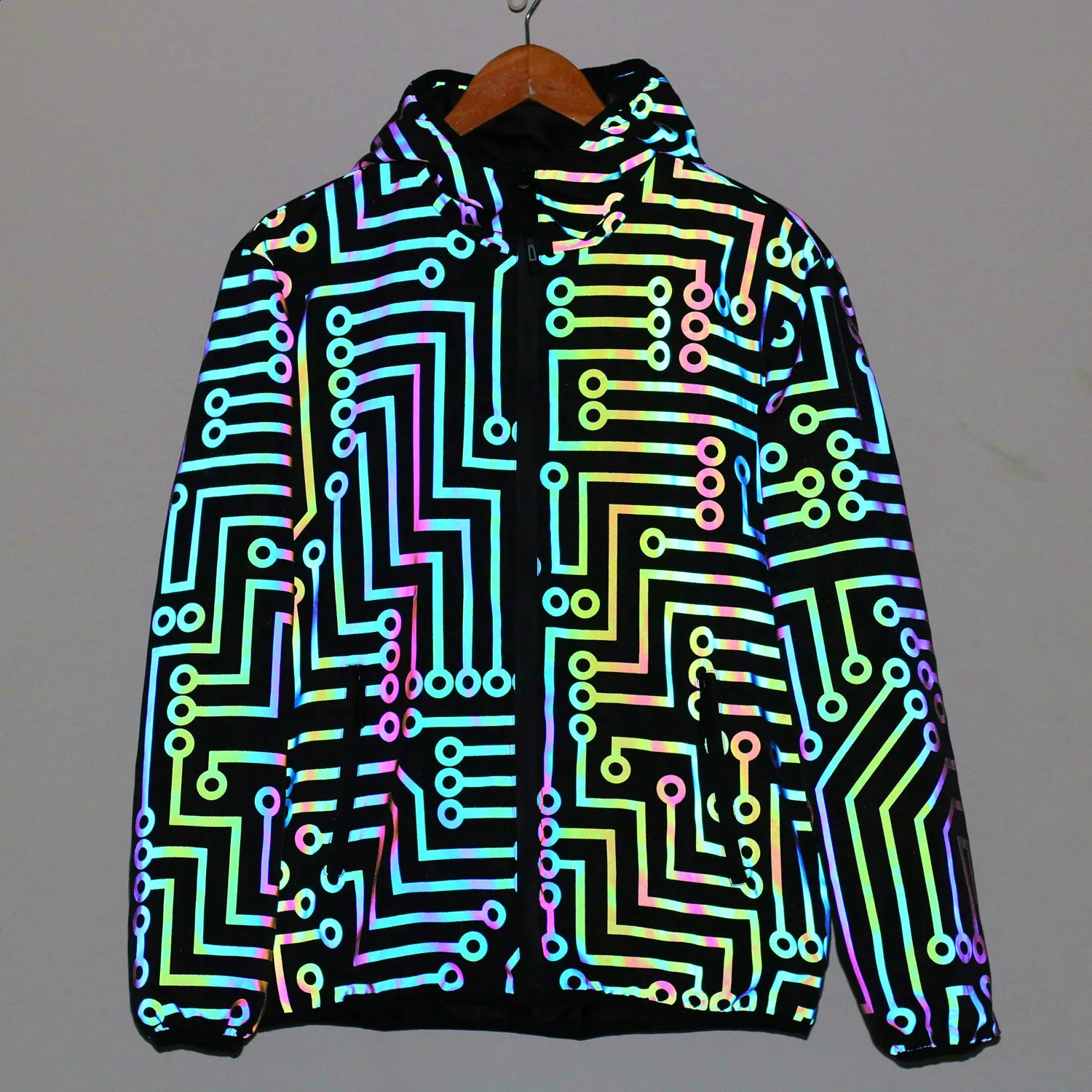 Geometric Circuit Colorful Reflective Jacket Men Women Street Casual Coat Hip Hop Punk Jackets 240815
