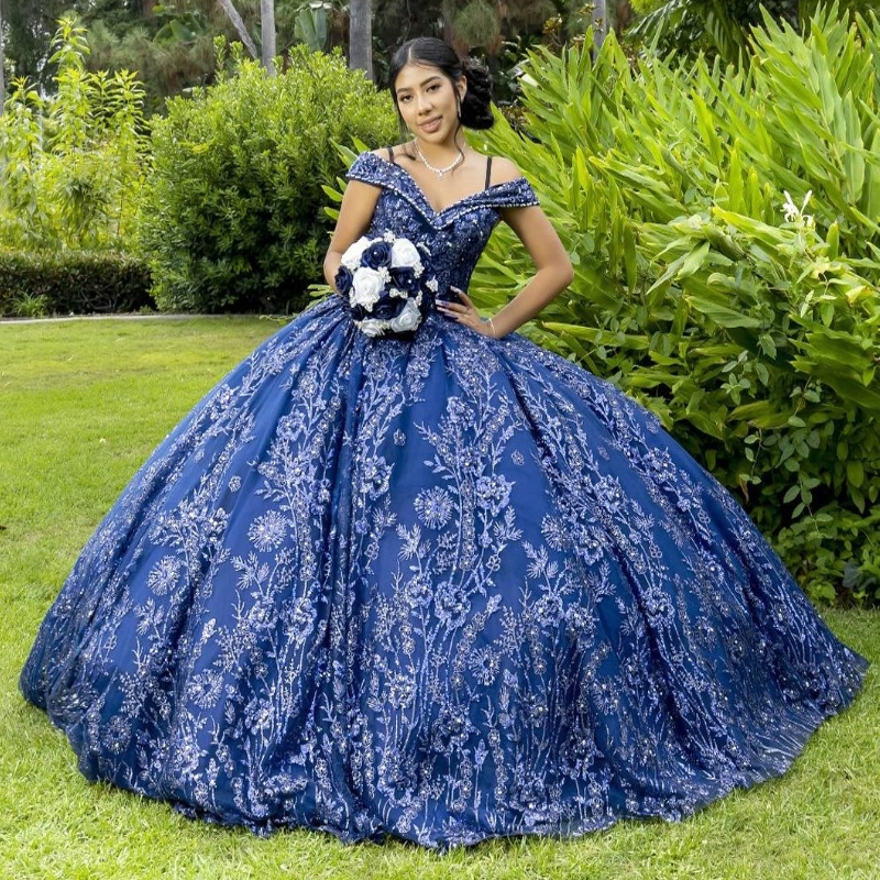 Navy Blue Shiny Princess Quinceanera Sequin Appliques Lace Beads Tull Ball Gown Bridal Dresses Vestidos 15 De Novia Sweet 16 Dress
