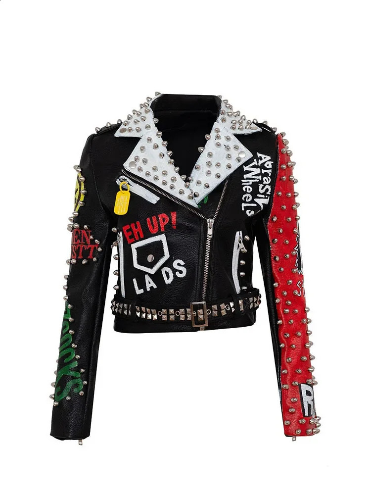 Contrast Patch Graffiti Printed Cropped Leather Jacket for Women Street Clothing Punk Stud Ultra Thin Motorcycle Jacket 240827