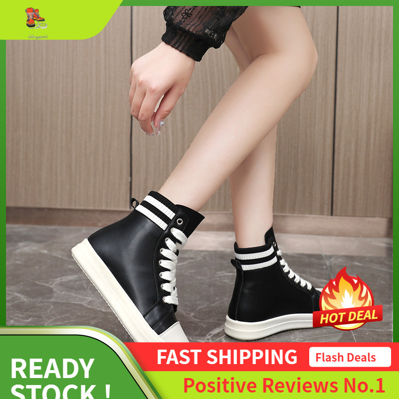 Ddmysports QRB New Lacquer Leather Classic Casual Spring And Autumn Stripes Breathable Versatile Women S Elevated Sole Igh Top Shoes OUTDOOR