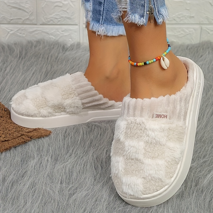 Cozy Plaid Plush Slippers - Soft fabric upper, comfortable closed toe, warm plush lining, PVC sole, casual slipper style, winter warmth - Great for in
