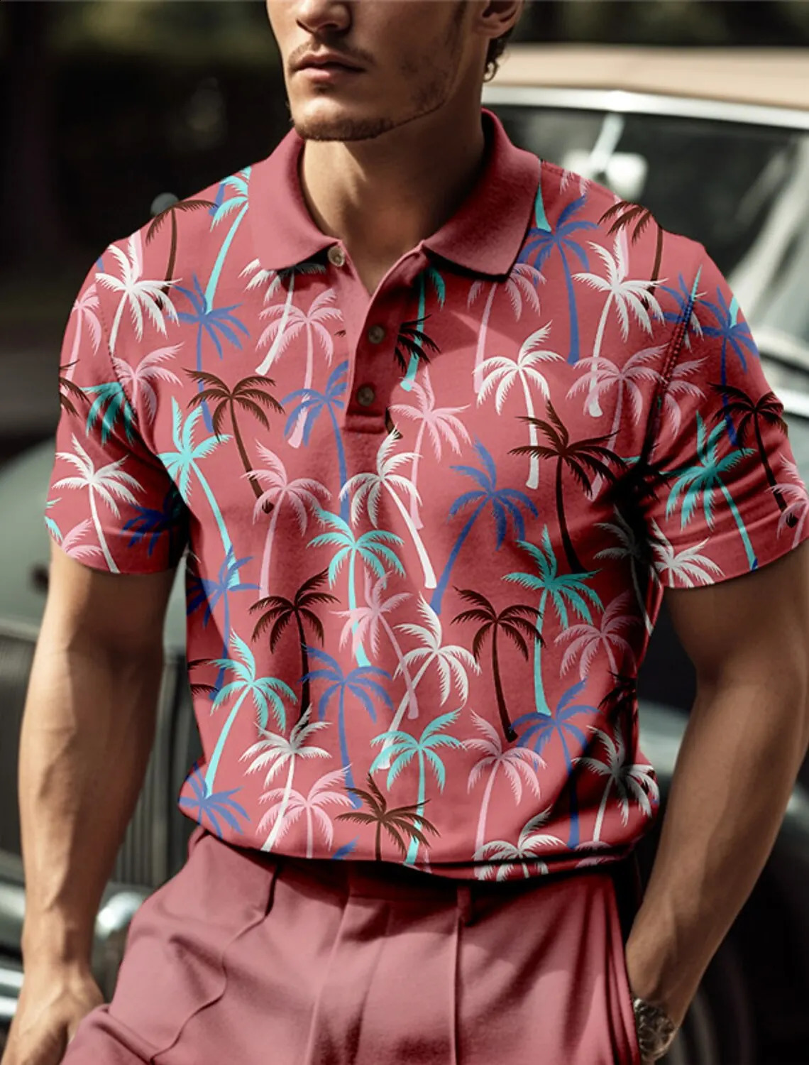 Mens polo shirt summer casual coconut tree pattern button breathable quick drying moisturizing short sleeved mens top 240828