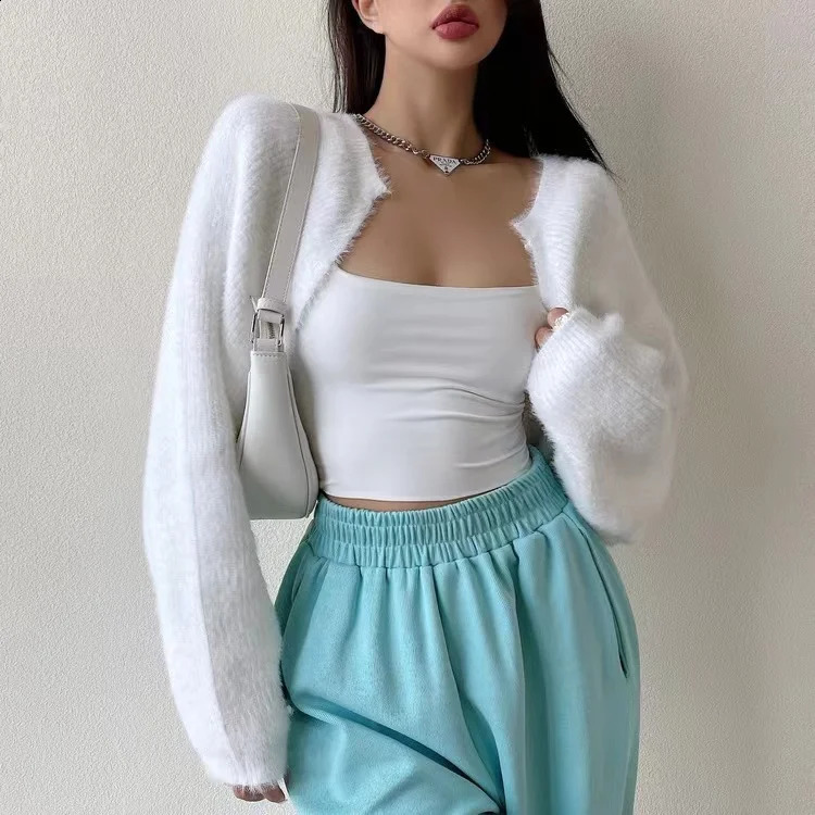 Mohair Knitted Bolero Cardigan for Women Open Front Cropped Shrug Sweater Fuzzy Long Sleeve Trendy Knitwear 240828