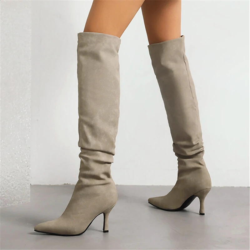 Super High Thin Heels Suede Upper Women Casual Soft Sole Thigh Boot Retro Style Solid Color Pointed Toe Slip On Slow Boot 240827