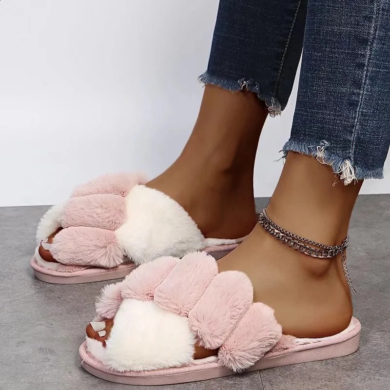 Womens winter home fur slider fluffy artificial fur home slider flat fashionable indoor floor shoes womens flip sofa 240827