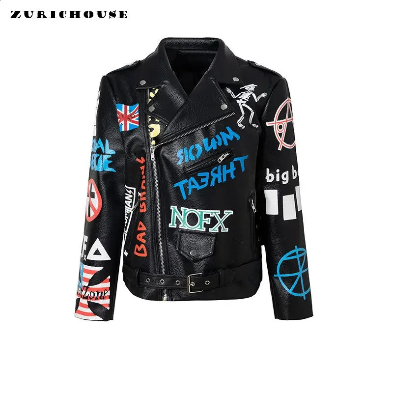 Contrast Graffiti Print womens and mens leather jackets streetwear punk style black faux leather motorcycle jacket 240827