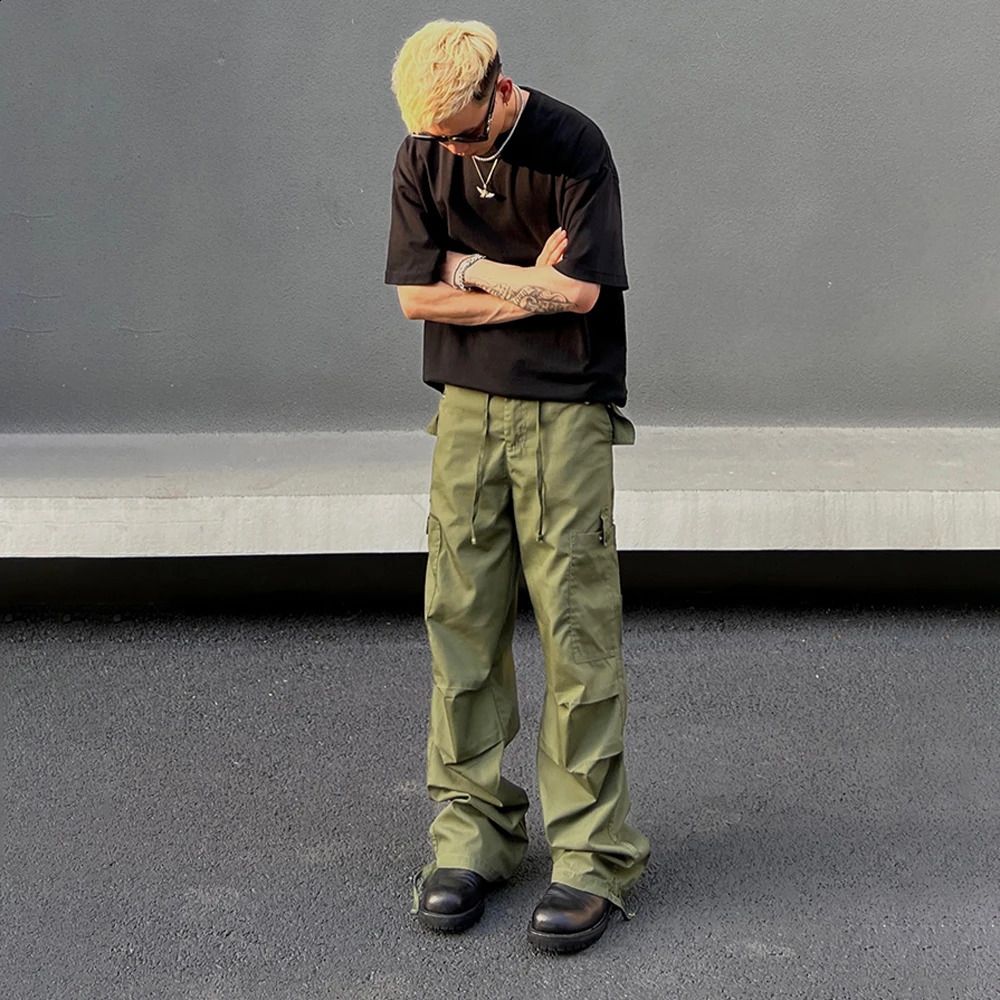 Army Green Cargo Pants Mens Summer Bag Multi Pocket Loose Casual Fashion Y2k Autumn Straight Leg Street Clothing Wide Trousers 240827
