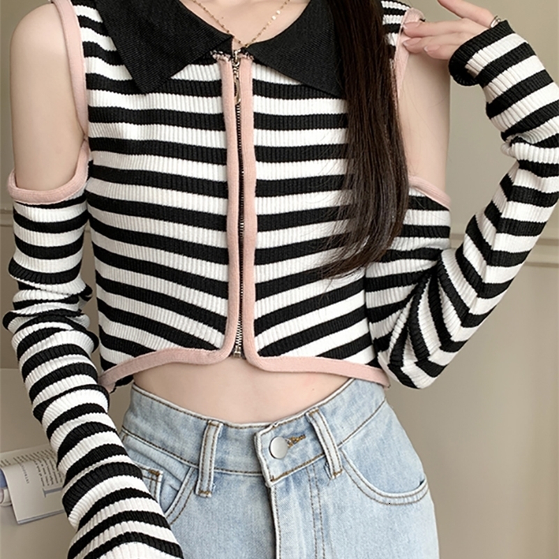 Itolin Y2K Womens Sexy Off Shoulder Long Sleeve T-shirt POLO Collar Striped Knitted Womens Striped Zipper Top 240827