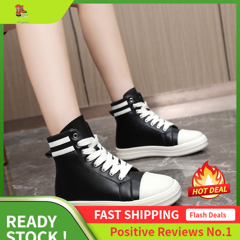 Ddmysports QRB New Lacquer Leather Classic Casual Spring And Autumn Stripes Breathable Versatile Women S Elevated Sole Igh Top Shoes OUTDOOR