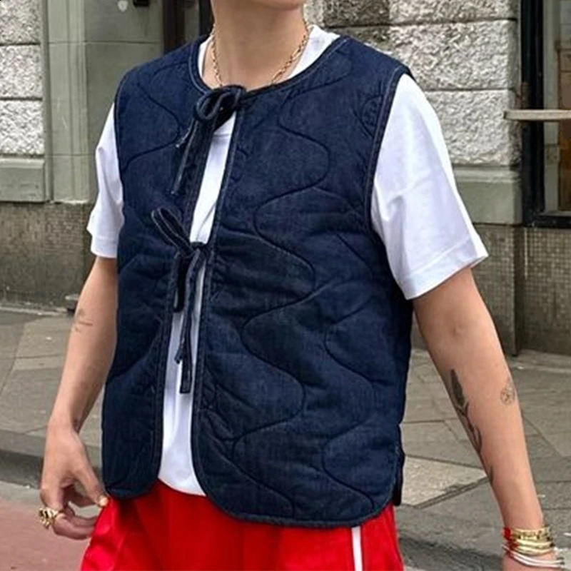 Retro Quilted Vest Plain V-neck Front Strap Sleeveless Jacket Autumn/Winter Fashion Street Clothing Womens Y2K Vest Coat 240828