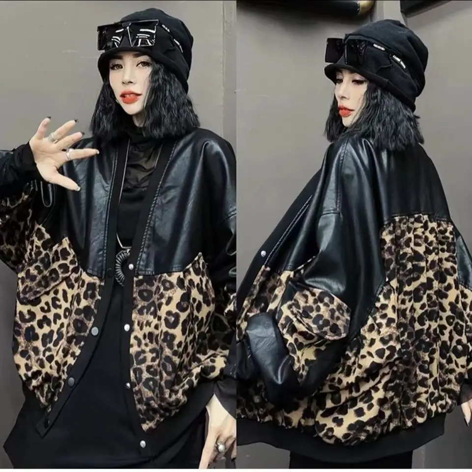 Autumn Leopard Pattern Splicing Leather Jacket Womens Warm Open PU Leather Jacket Long Sleeve Loose Top Womens Coat 240827