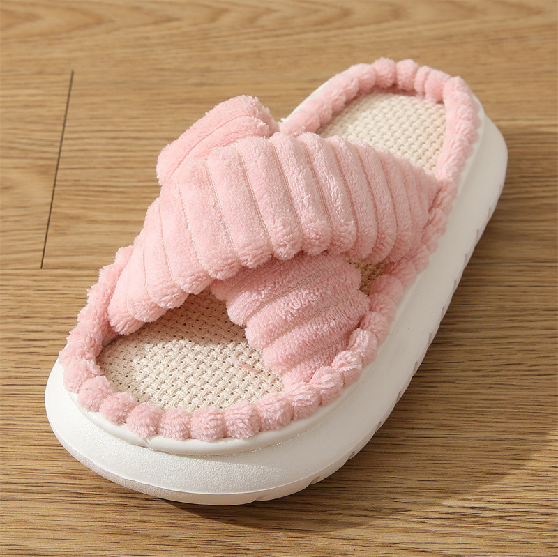 Cozy Chic Plush Platform Slippers - Easy Slip-On, Cross-Strap Design, Solid Color Comfort for Stylish Indoor Use