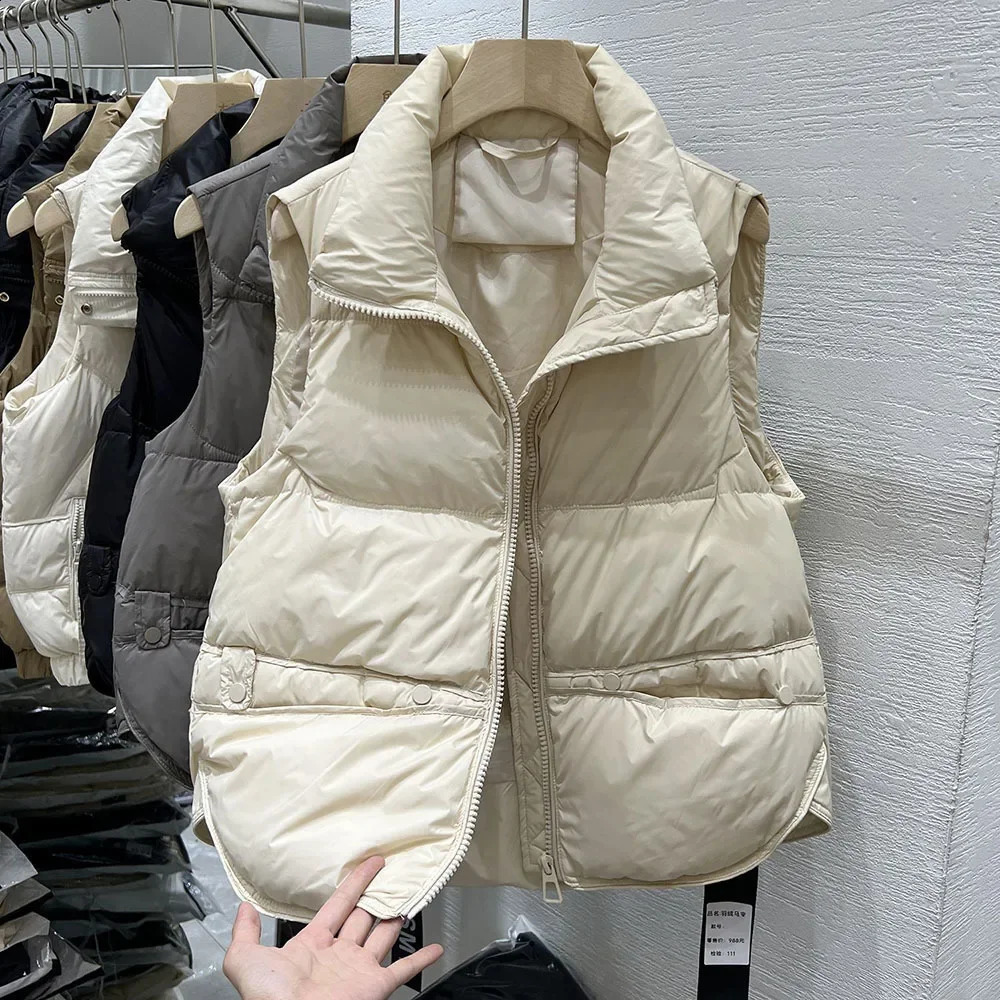 Autumn and winter womens vest jacket ultra light standing collar beige sleeves cotton coat Parka womens warm vest E3 240828