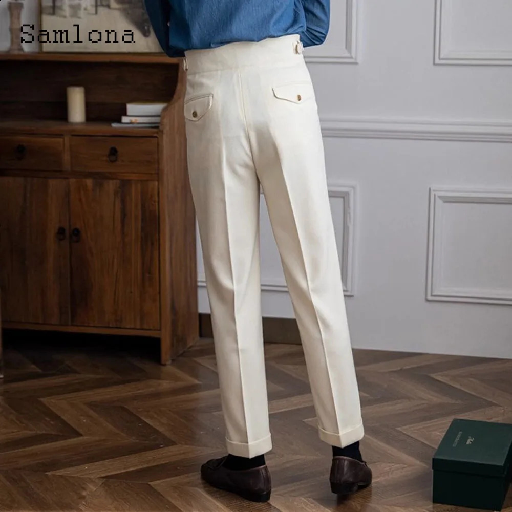 Mens Elegant Formal Naples Wedding Set Pants Pure White Ankle Length Trouser Mens Vinatge Button Set Pants 240828