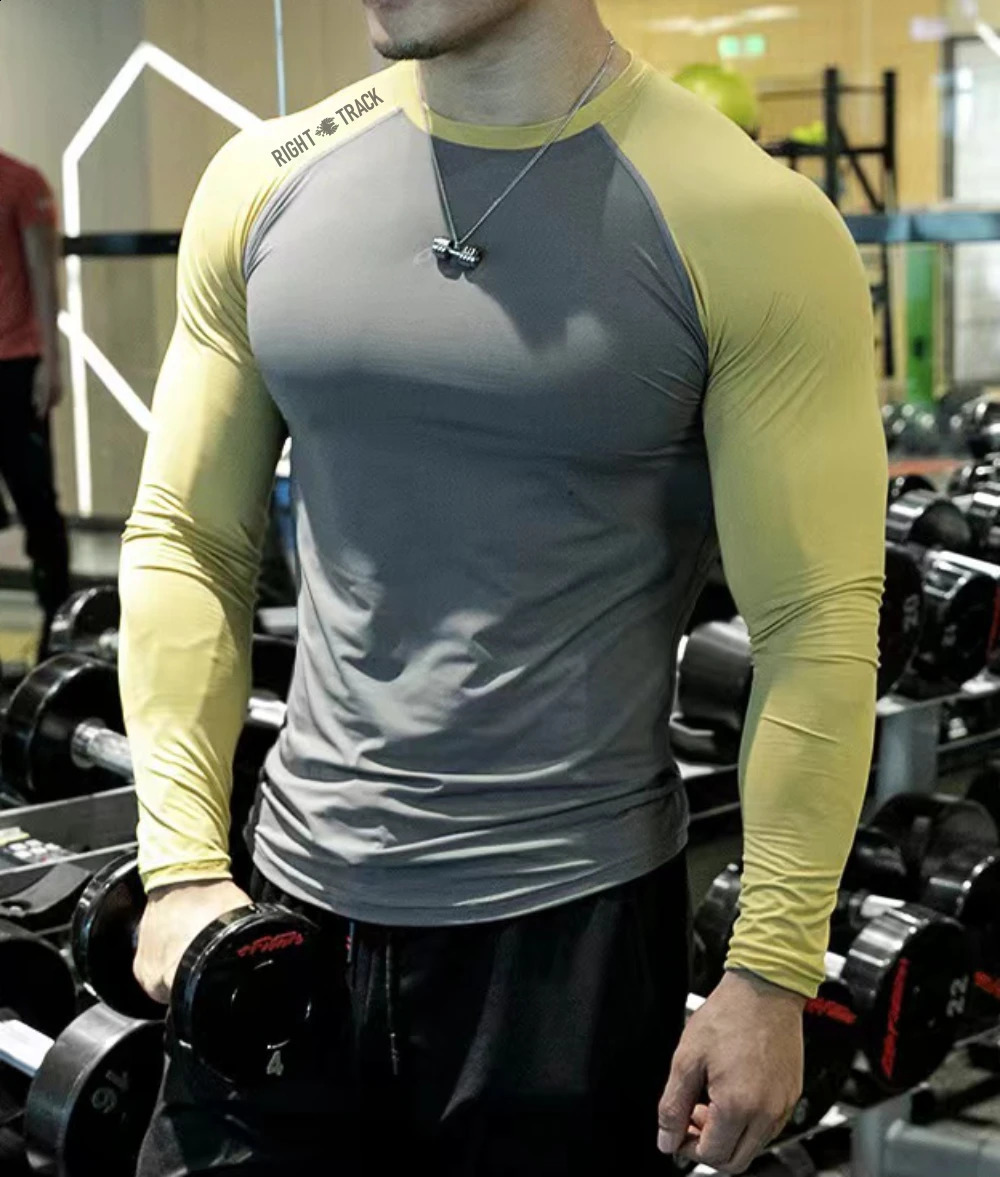 mens long sleeved fitness suit two tone damping tight fitting sportswear Righttrack milk silk fabric 240827