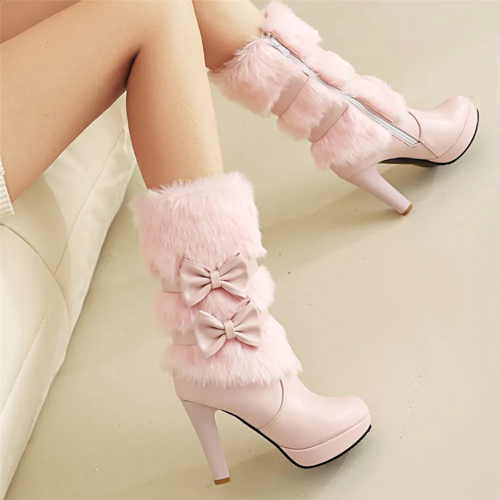 2024 Winter Fashion Womens High Heels Pink White Black Fur Tassel Bow Cute Lolita Womens Zipper Party Wedding Shoes 33-43 240827