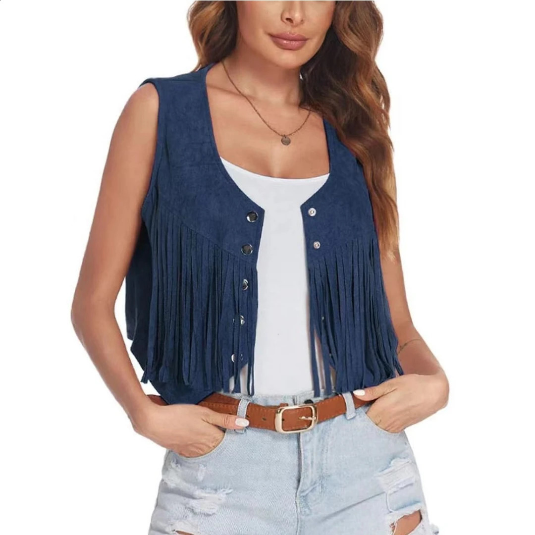 Womens artificial suede ethnic sleeveless jacket with rivet edge Tassel hippie open top 240828