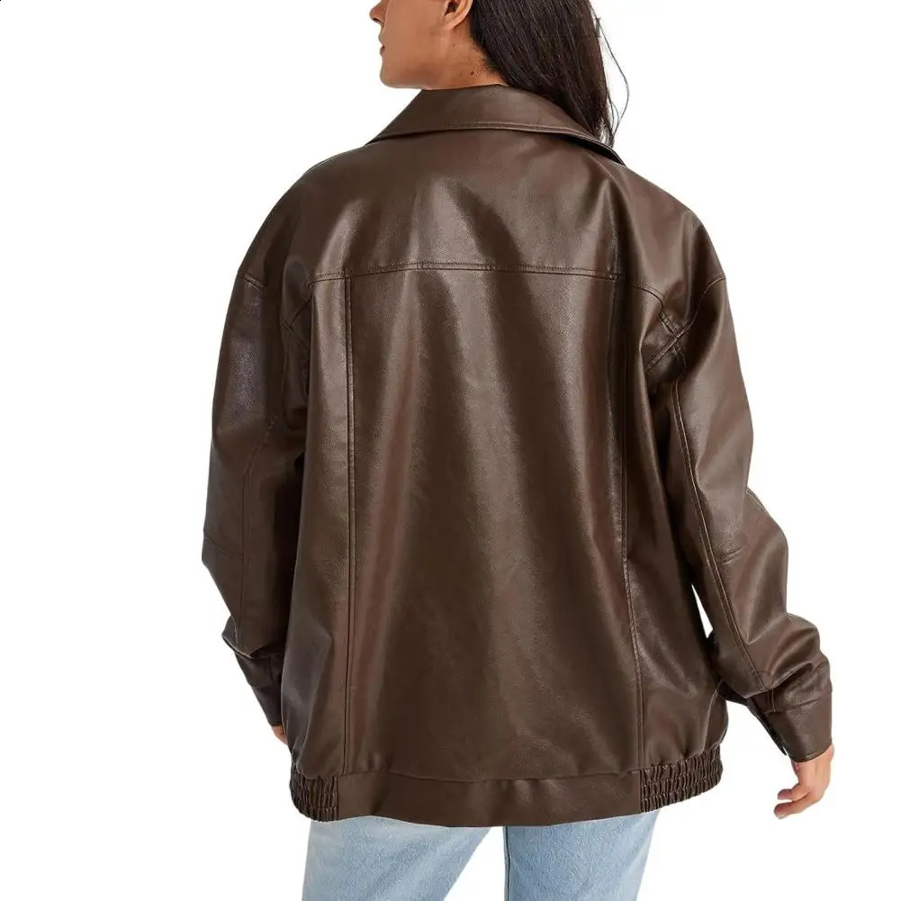 Womens artificial leather jacket casual zipper bomber motorcycle jacket outerwear fashionable autumn and winter clothing 240827
