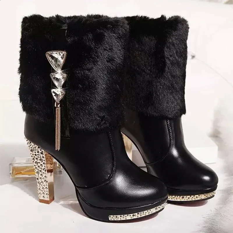 Winter Womens Boots Waterproof Platform Diamond Thick High Heel Fur Short Boots 240827