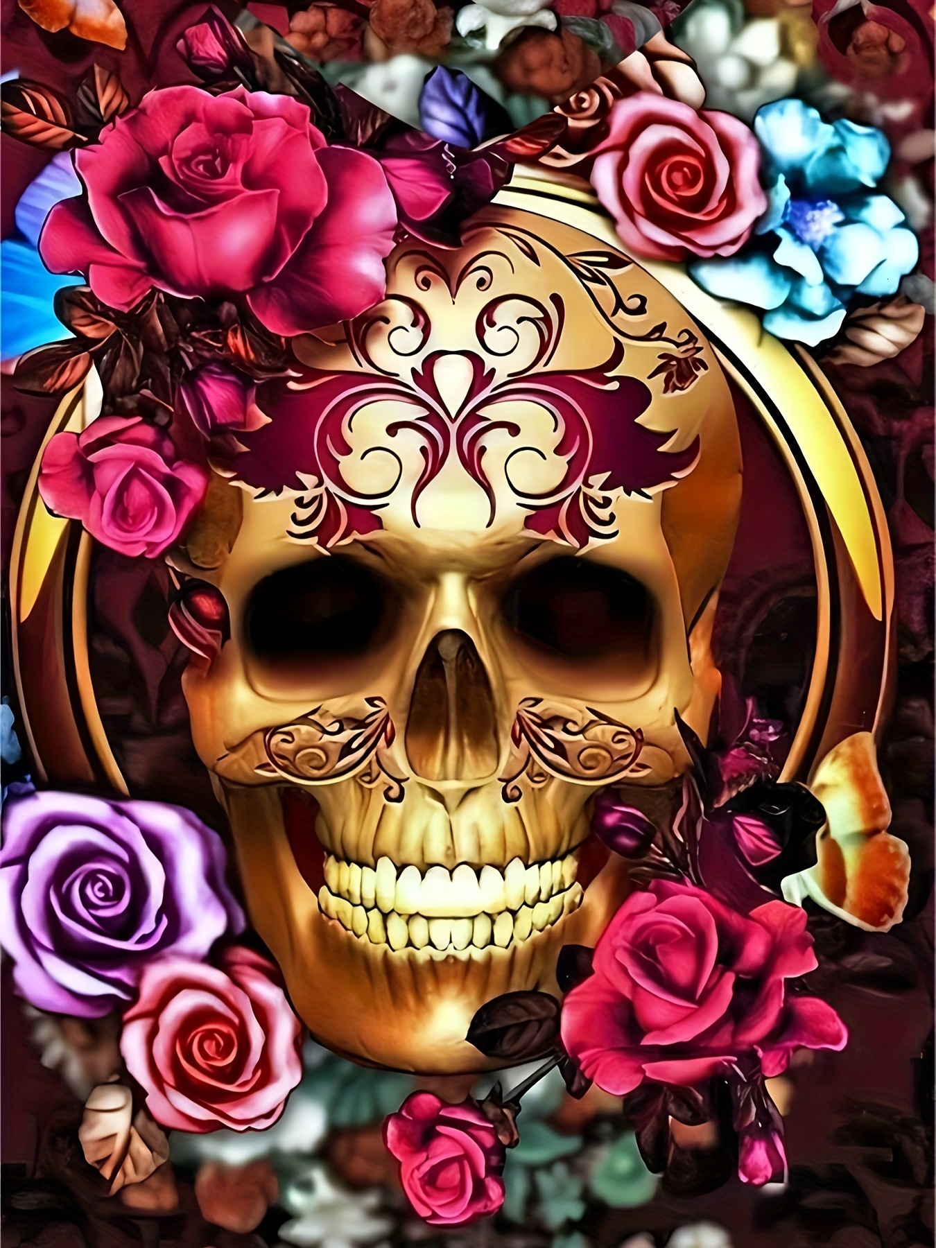 Halloween Men's 3D Digital Retro Style Golden Skull And Rose Print Hooded Sweatshirt With Kangaroo Pocket, Sports Fashion Hoodie For Spring And F