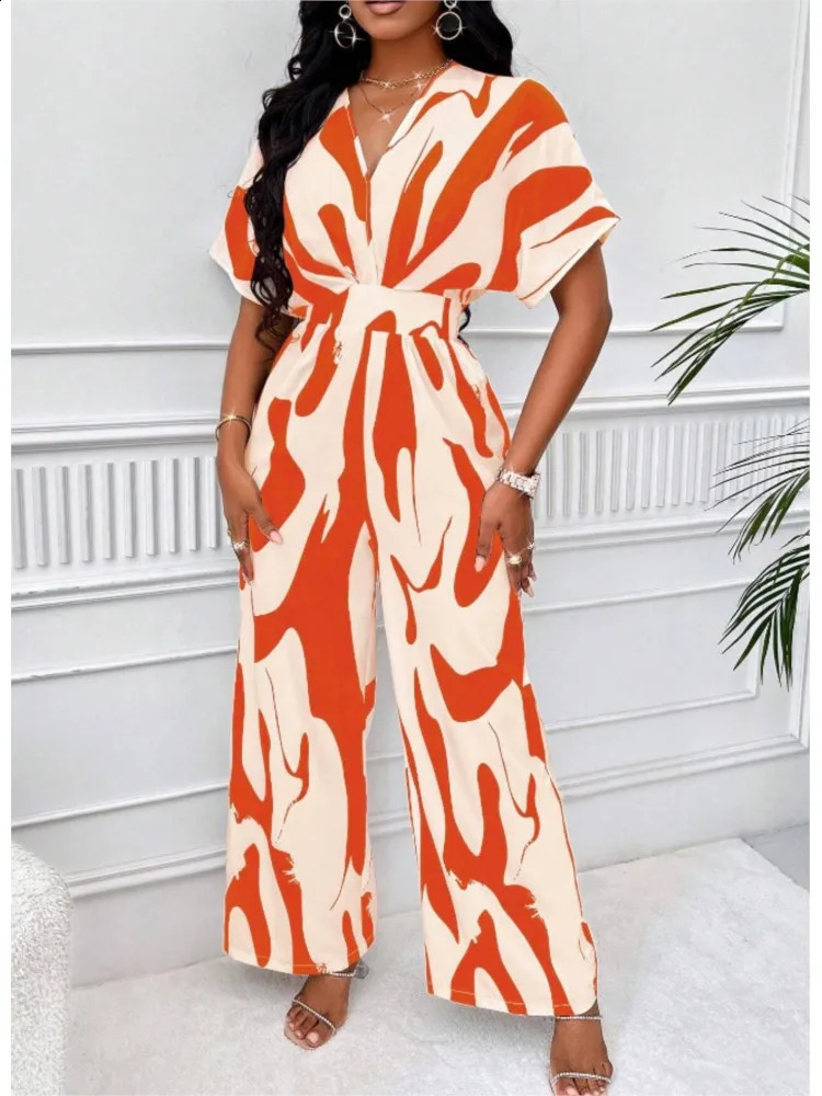 Summer one-piece striped printed short sleeved V-neck womens jumpsuit elegant high waisted wide pants jumpsuit vacation jumpsuit 240827