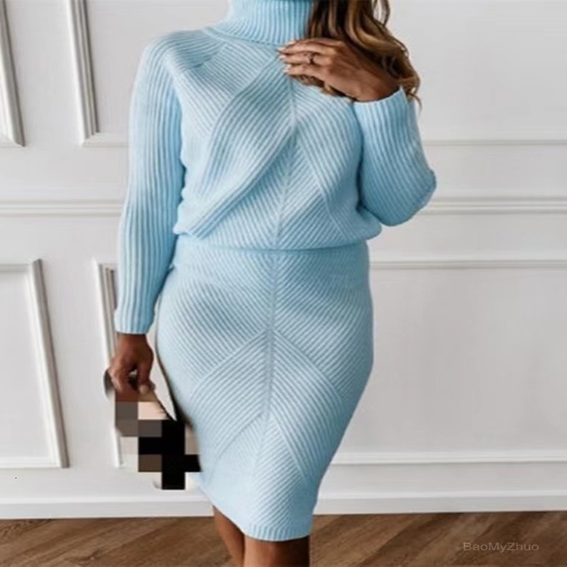 Autumn Winter Womens Knitted Clothing Turtle Neck Solid Color Pullover Sweater Ultra Thin Dress Two Piece Set Warm w240827