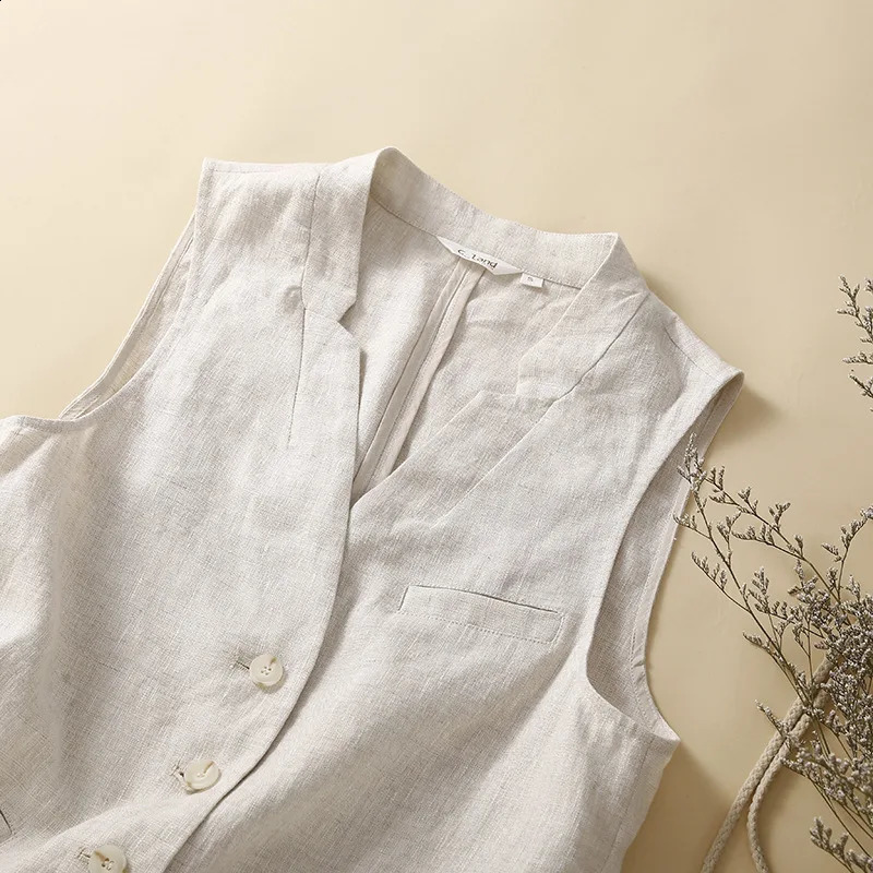 Womens Literature Retro Cotton Linen Vest Sleeveless Jacket Street Clothing Button Hemp V-neck Waist Elegant Casual Coat 240828