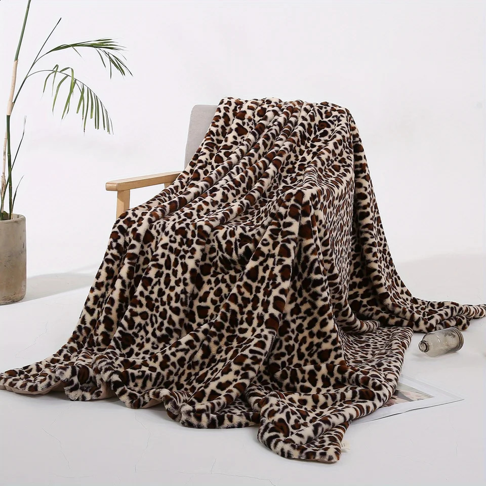 1pc Faux Rabbit Fur Leopard Print Double-layer Lunch Break Blanket Sofa Couch Home Throw Blanket Nap Blanket 240827
