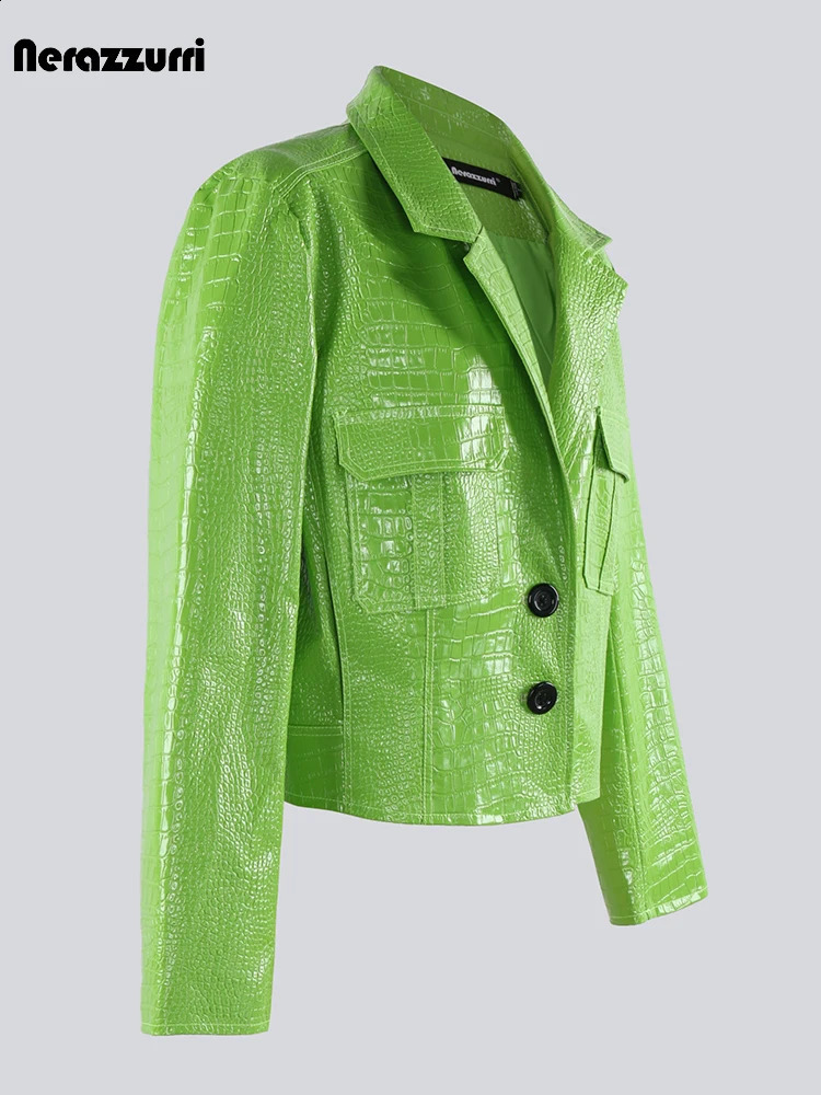 Sapphire autumn short sleeved cool green hard shiny print patent Pu leather jacket womens long sleeved Y2K clothing 240827