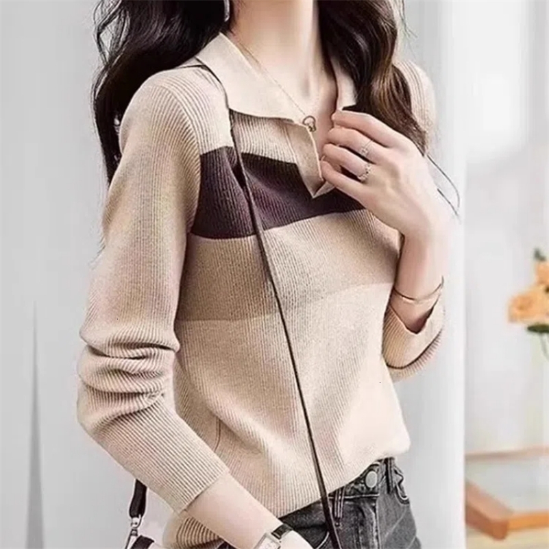 Autumn and winter fashion polo neck long sleeved patched work color blocking pull womens loose Korean style bottom shirt 240827