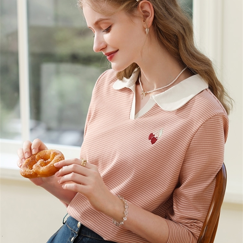 I believe you womens long sleeved T-shirt striped polo neck embroidered spring midsole elegant shirt 2241015463 240827
