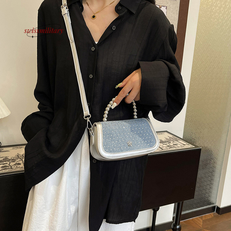 Swissmilitary High end denim rhinestone for women, 2024 summer new trendy single shoulder diagonal cross bag, bead hand-held small square bag