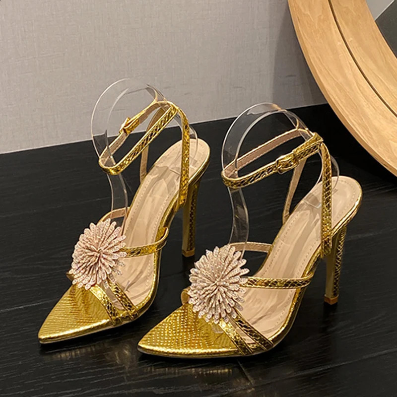 Liyke sexy snake patterned leather ankle strap sandals womens summer fashion crystal flower toe party dress high heels 240827