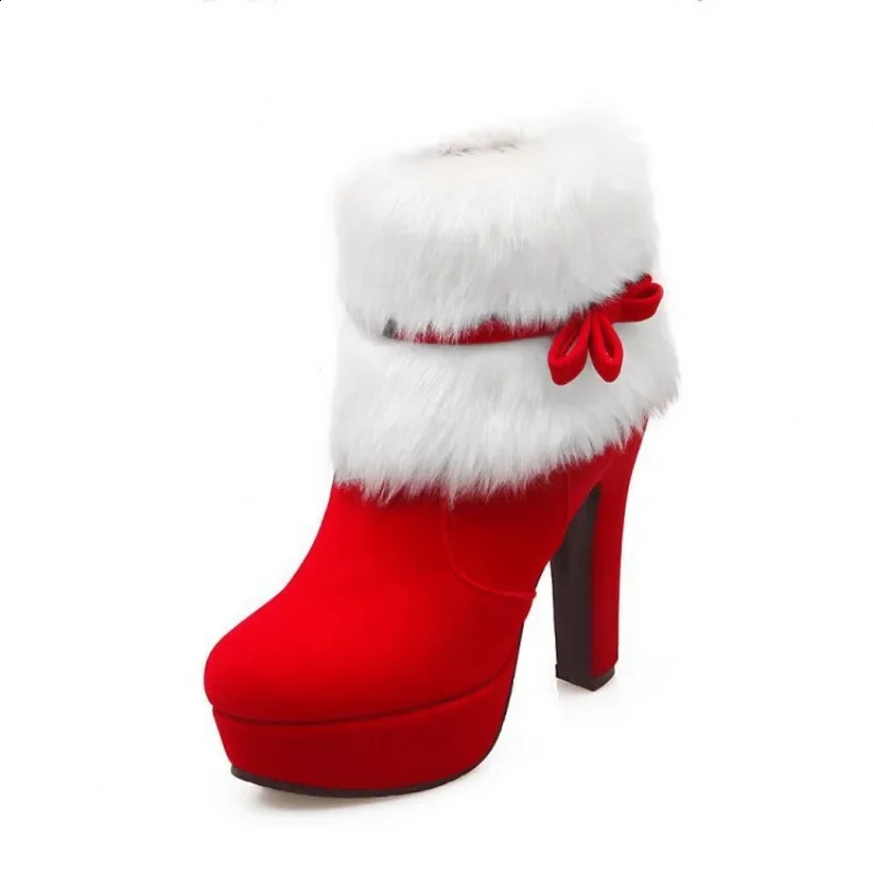 2024 Winter Womens Waterproof Platform High Heels Comfortable Boots with Bow Decoration Christmas Red Boots 240827