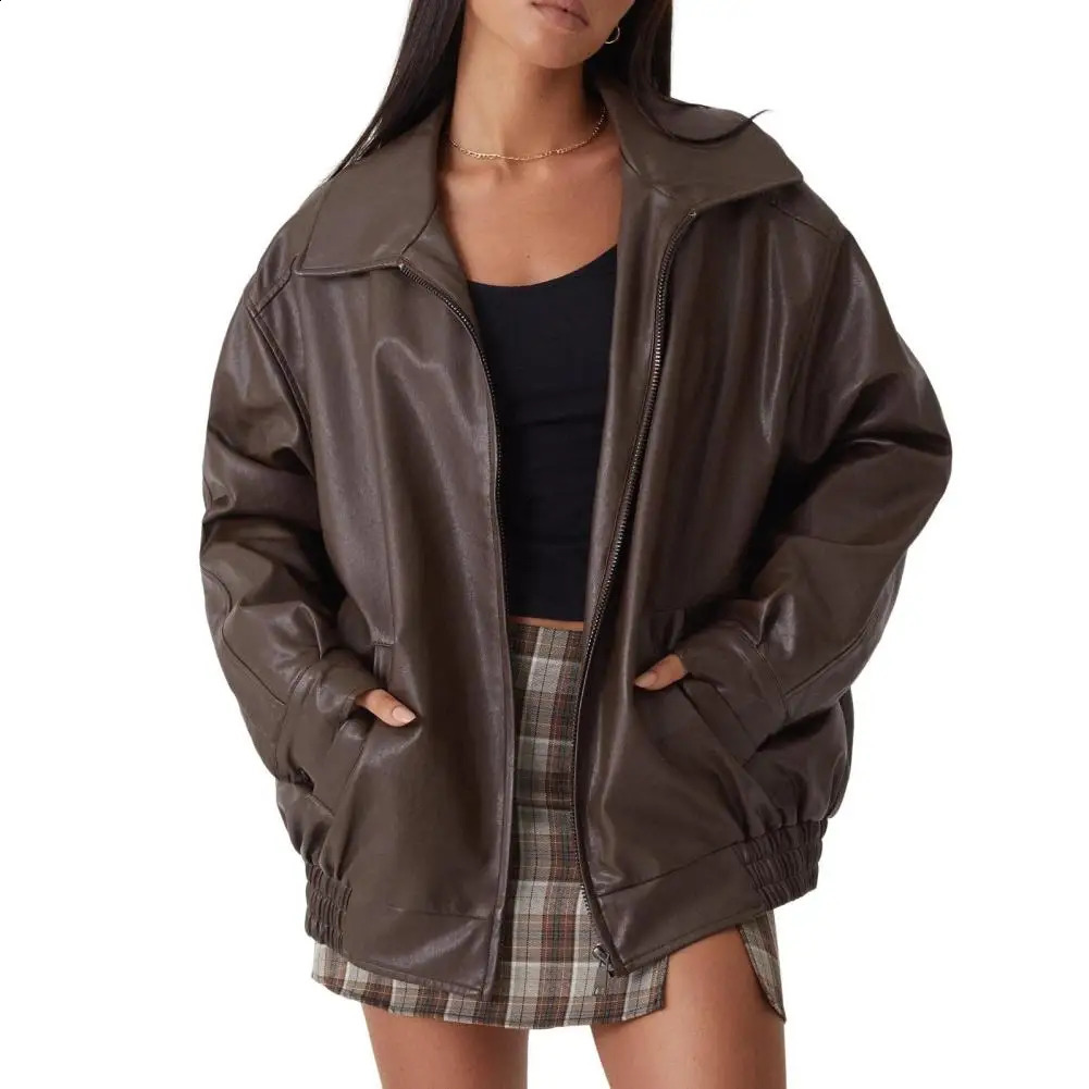 Womens artificial leather jacket casual zipper bomber motorcycle jacket outerwear fashionable autumn and winter clothing 240827