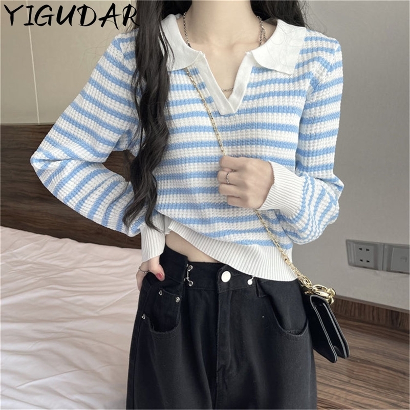 Autumn sweater knitted polo T-shirt womens loose casual polo collar long sleeved bottom striped top womens clothing y2k 240827