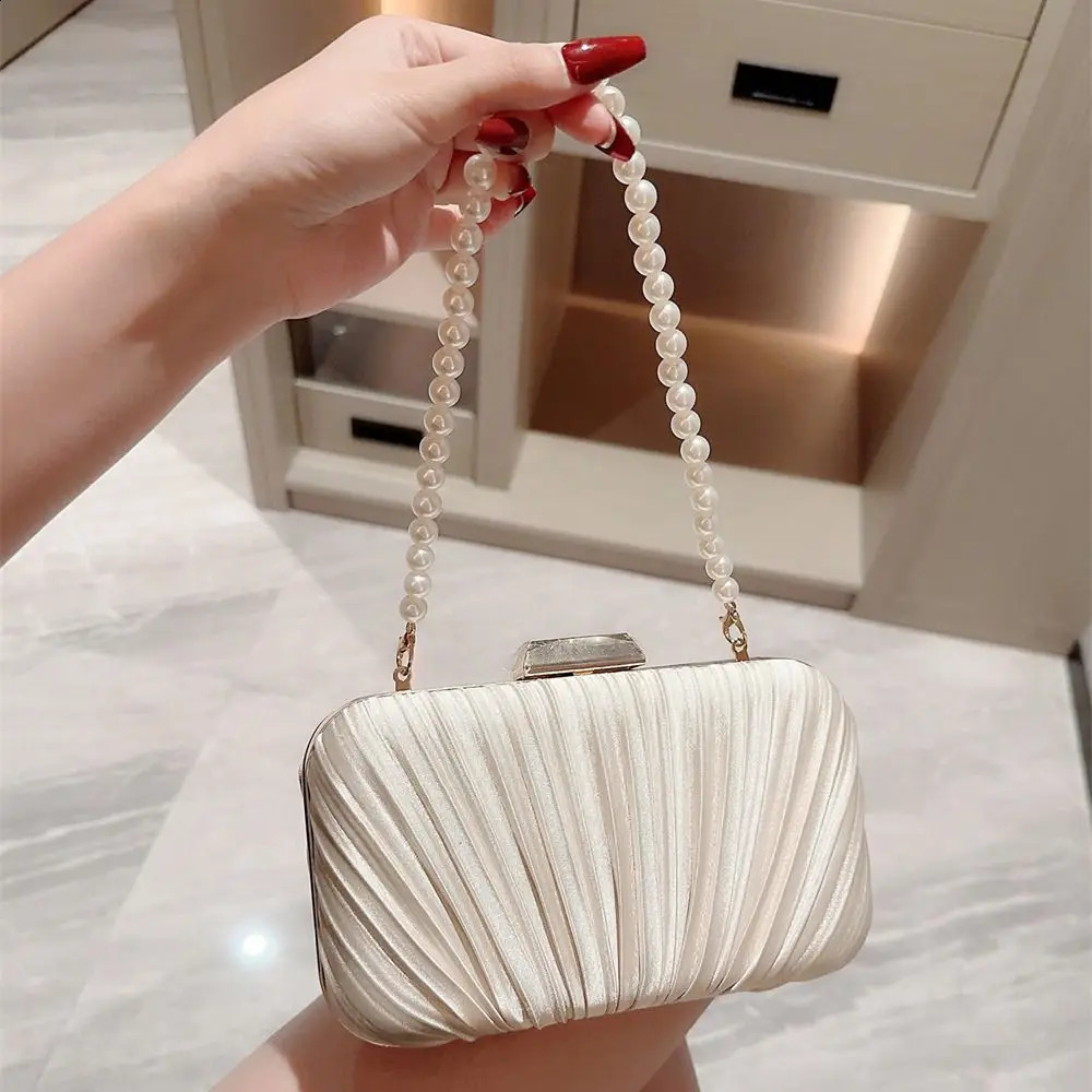 Silk Evening Bag Women Elegant Fashion Banquet Clutch Pearl Chain Shoulder Bags Purse Female Wedding Party Handbags 250122
