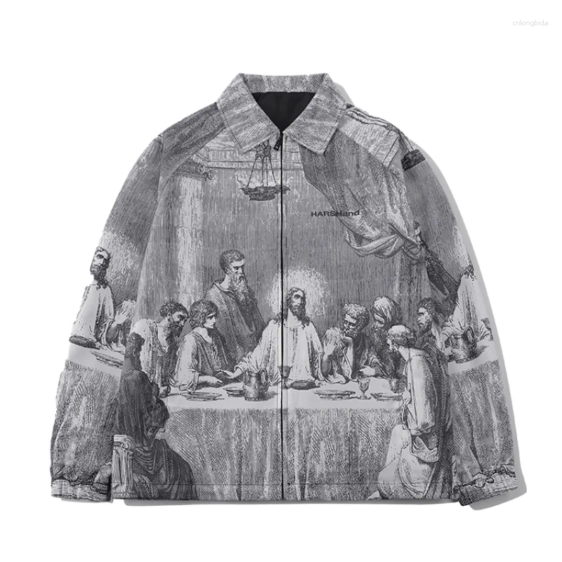 CNLONGBIDA Men's Jackets Oversized Shirts Mens Autumn Winter Painting Printing Couples Casual Male Female Silk Vintage Clothing Button Up