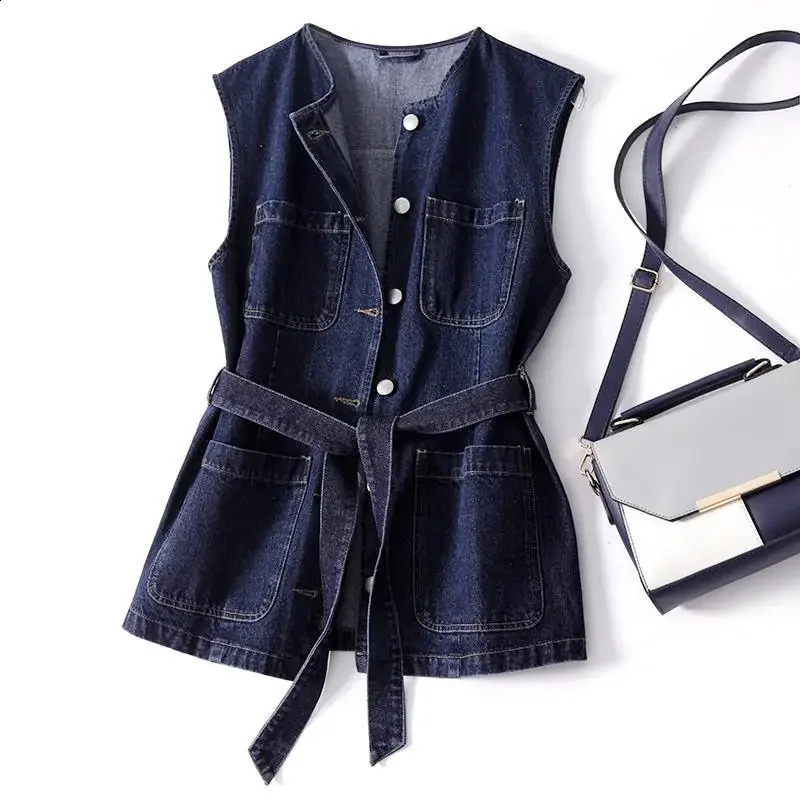 Plus Size Womens Denim Tank Top Fashion Autumn Blue Jeans Jacket Sleeveless Spring Loose Short Coat Waist Coat Q259 240828