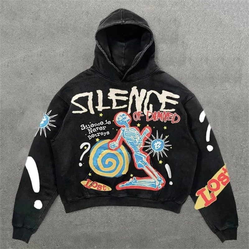Retro Silence of Damned Skull Hoodies Women Men Harajuku Streetwear Oversized Sweatshirt Goth Y2k Top Pocket Hoodie Men Clothing 240827