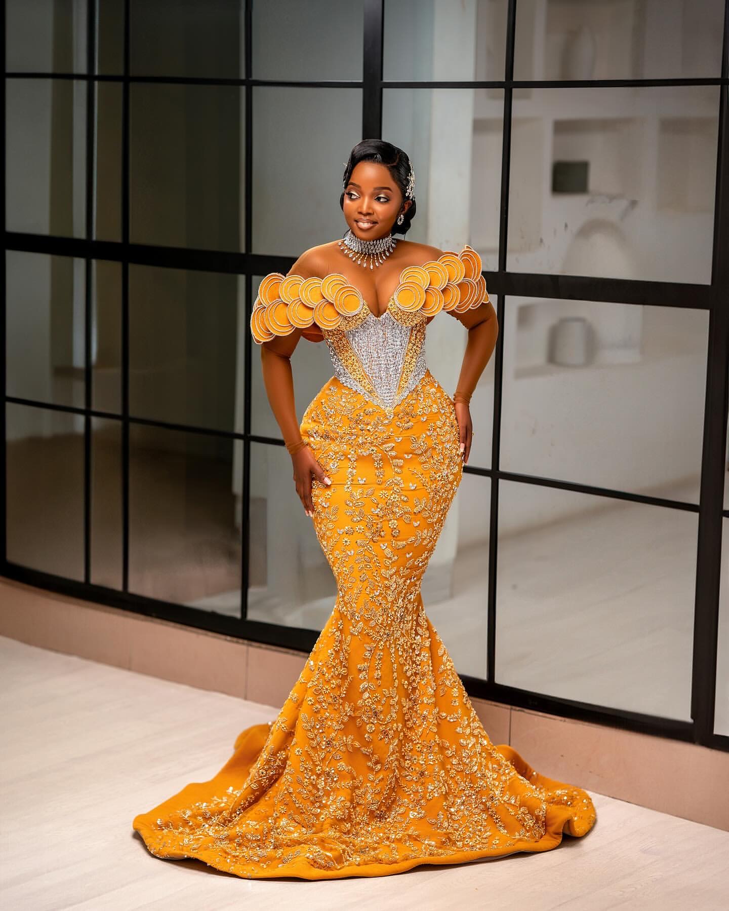 African Aso Ebi 2025 Yellow Mermaid Prom Dress Lace Dresses For Special Ocns Rhies rals Evening Formal Party Birthday Second Engagement Gowns