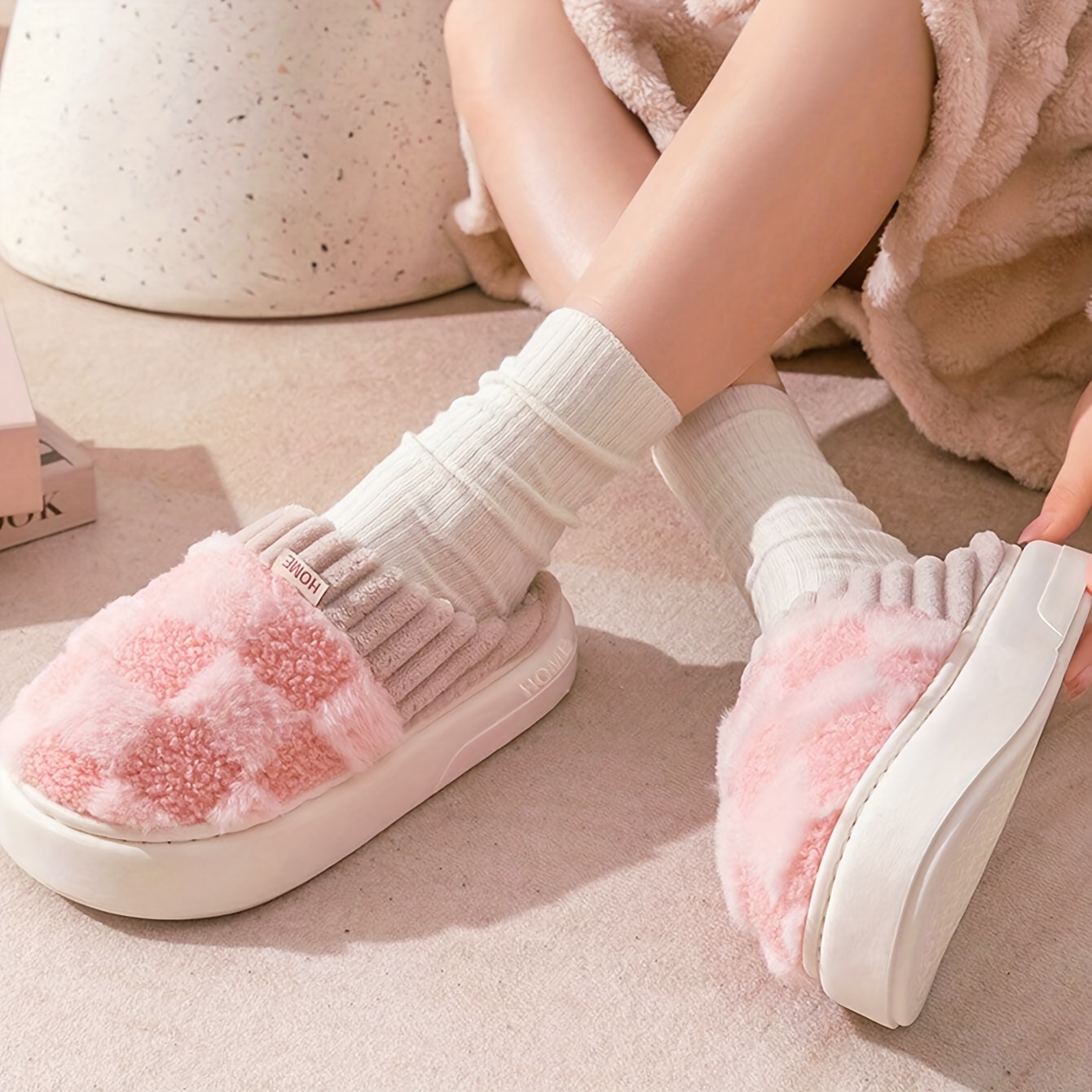 Cozy Plaid Plush Slippers - Soft fabric upper, comfortable closed toe, warm plush lining, PVC sole, casual slipper style, winter warmth - Great for in