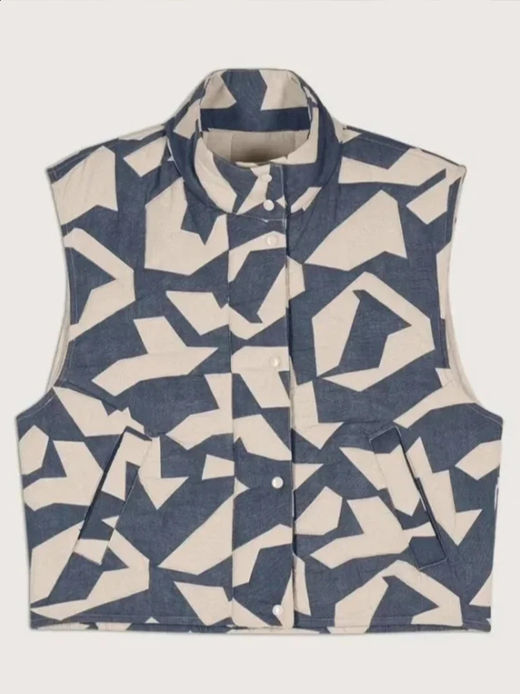 Korean casual single chest sleeveless street vest womens fashionable printed vertical collar vest autumn/winter jacket 240828