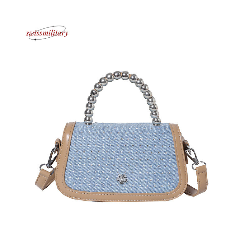 Swissmilitary High end denim rhinestone for women, 2024 summer new trendy single shoulder diagonal cross bag, bead hand-held small square bag